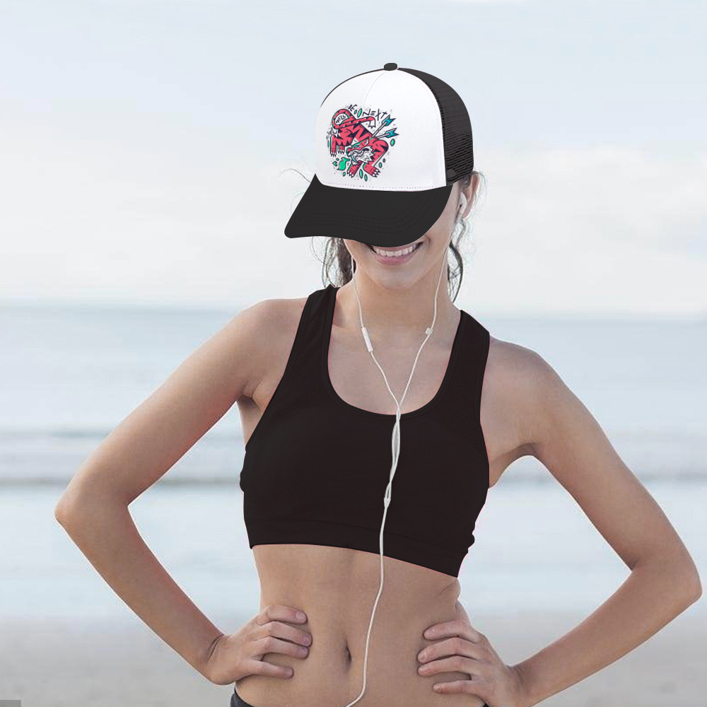 Woman wearing a baseball cap with a floral graphic design, mesh back for outdoor activities, Inkedjoy