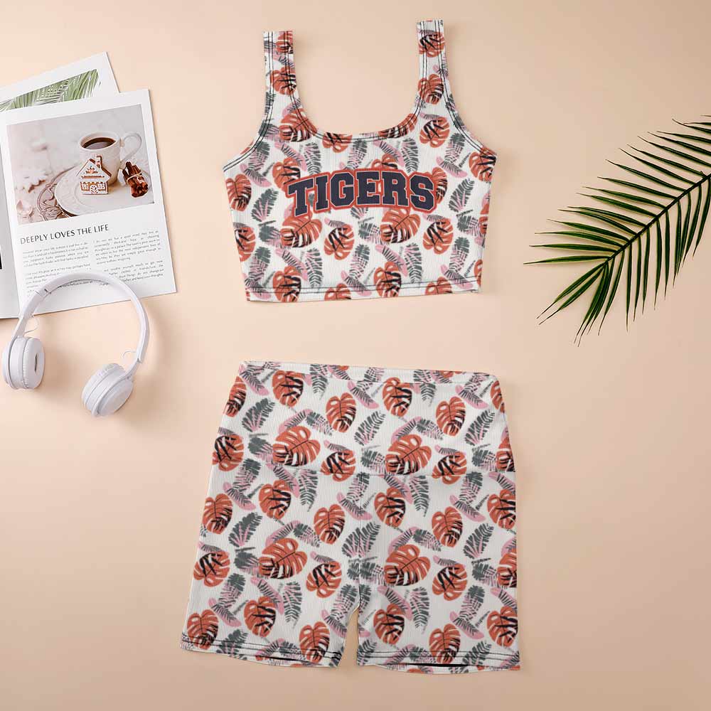 Thread Yoga Vest Set with "TIGER" text, floral print sports crop top and shorts, ideal for yoga and workouts.