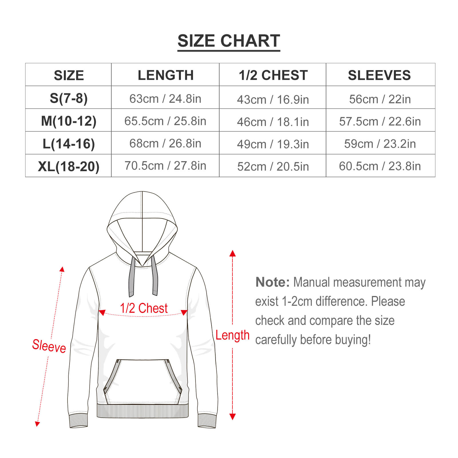 Youth hoodie size chart with dimensions for length, chest, and sleeves.