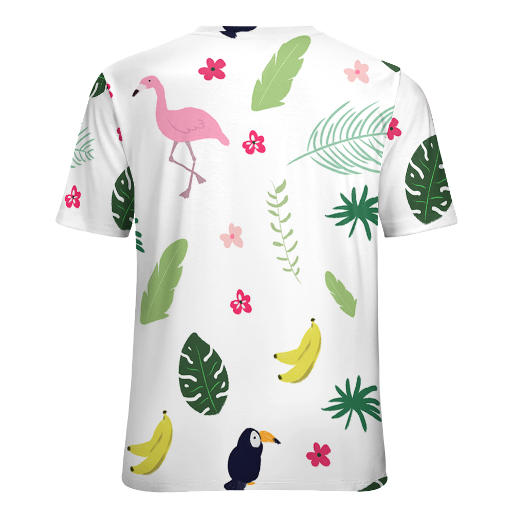 Women's white t-shirt with flamingo, tropical leaf print, and banana pattern, perfect for summer wear.