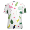 Women's white t-shirt with flamingo, tropical leaf print, and banana pattern, perfect for summer wear.