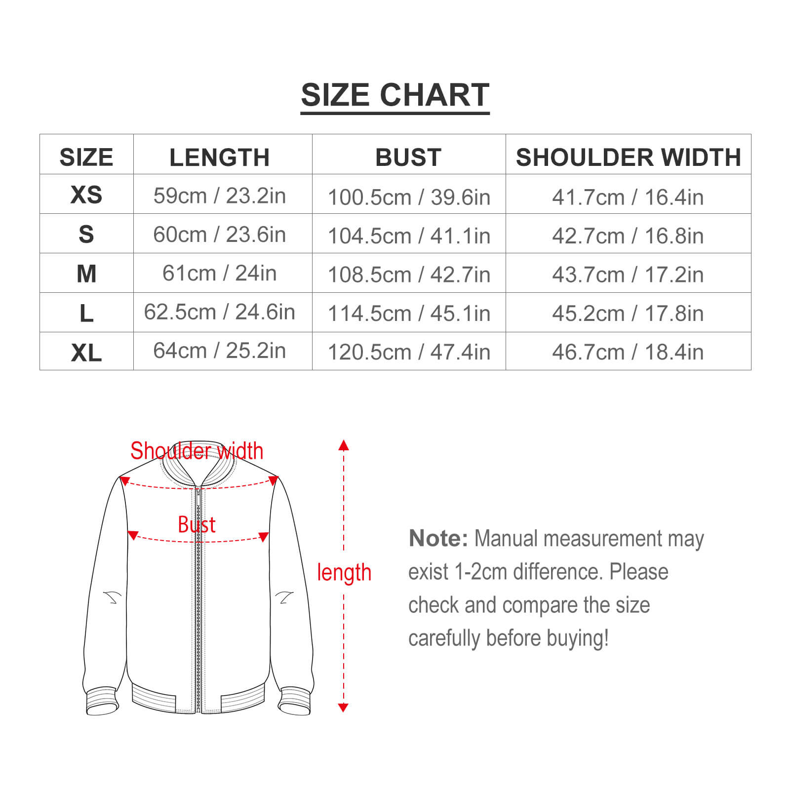 Women's Zipper Jacket Size Chart. Measurement in cm and inches.