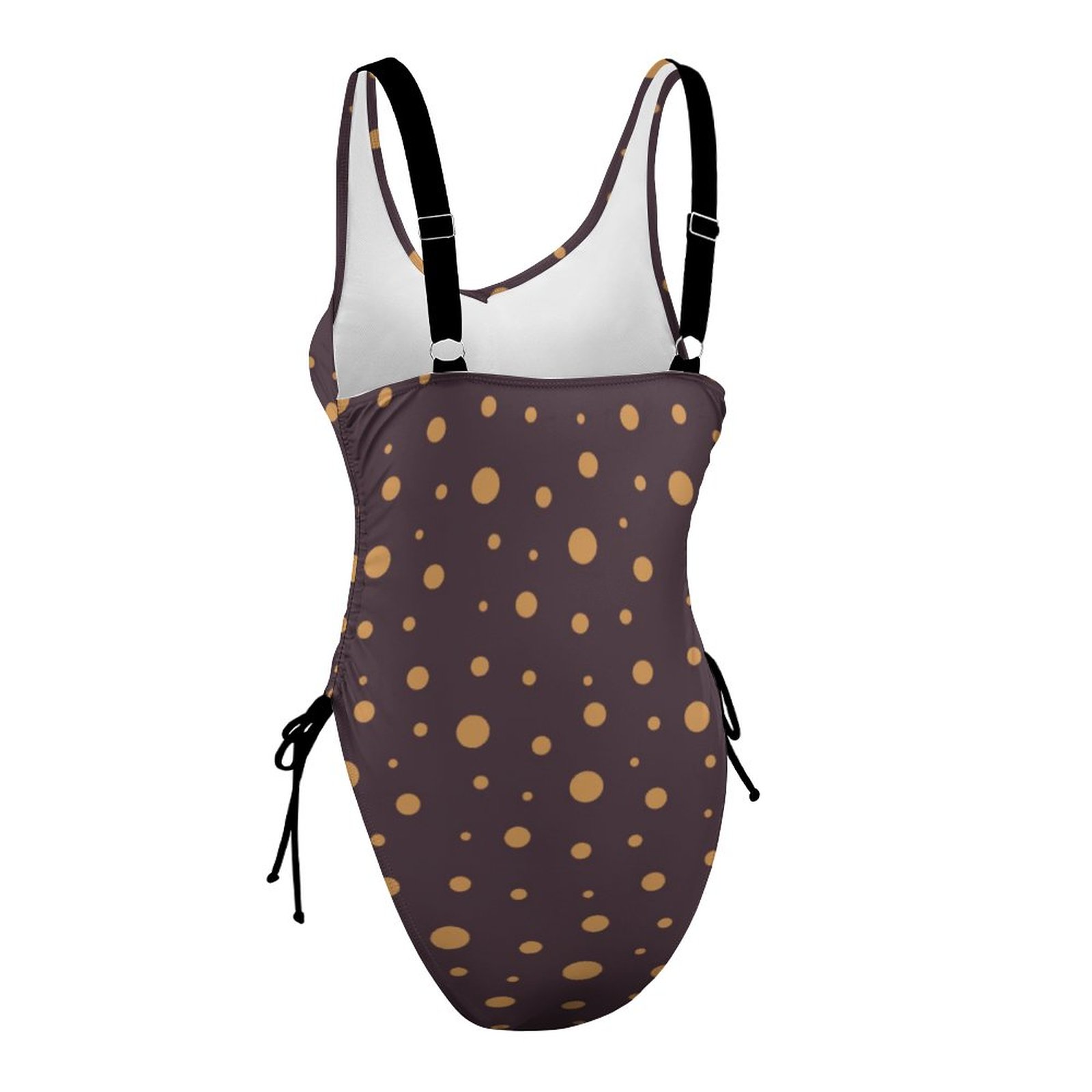 Brown polka dot one-piece swimsuit, adjustable straps, side tie detail