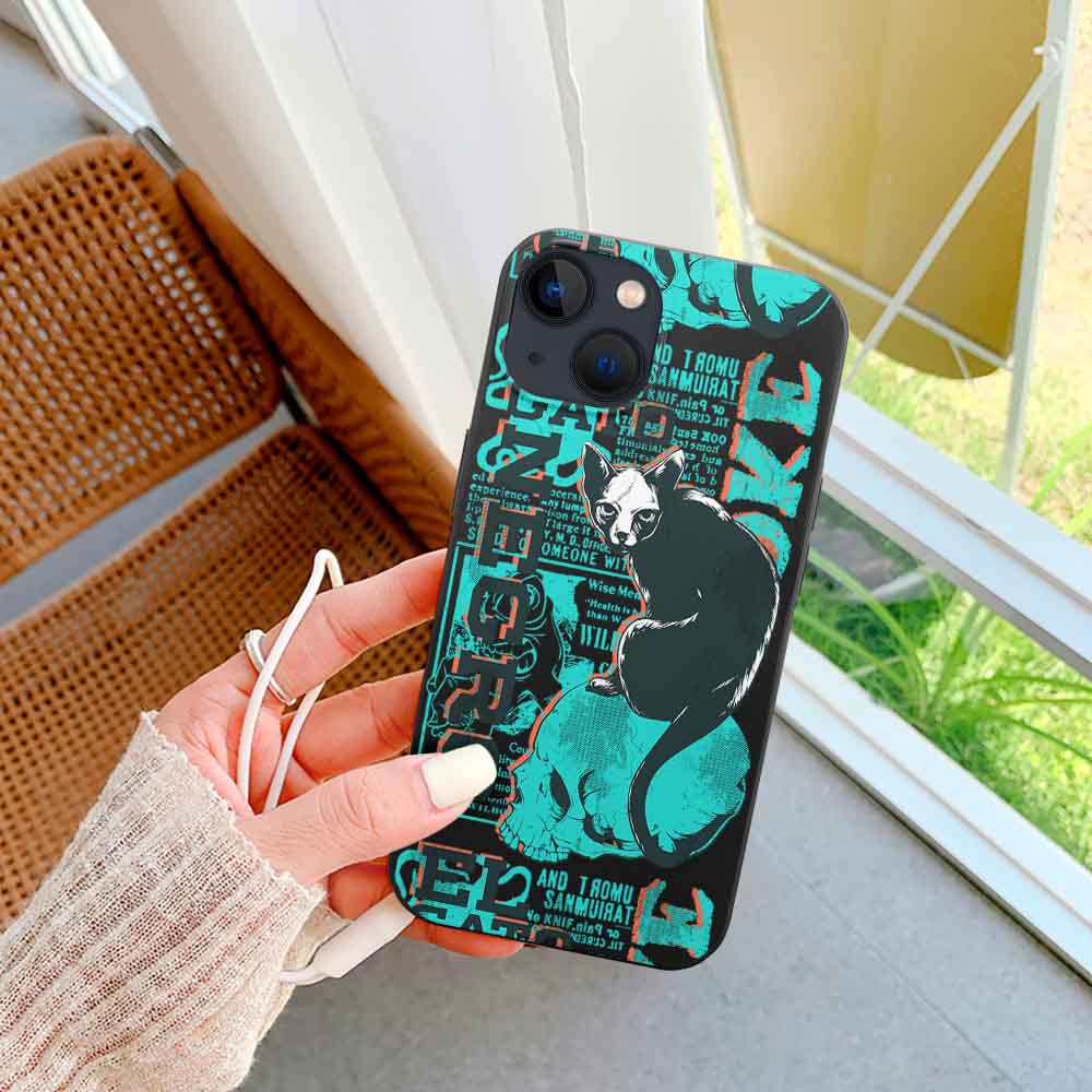 iPhone 13 case with cat design, turquoise and black, TPU material, wireless charging compatible