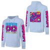 Light blue cotton hooded sweater with donut graphic and LIQUID sleeve prints, suitable for fashion.