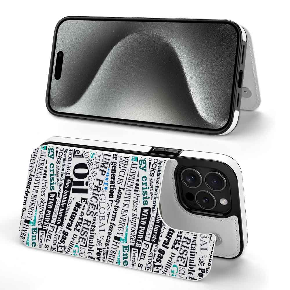 iPhone 15 case with text print design, card slot, TPU leather, full protection.