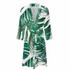 Men's bathrobe in green tropical leaf pattern, made of soft polyester, perfect for beach or bathroom use