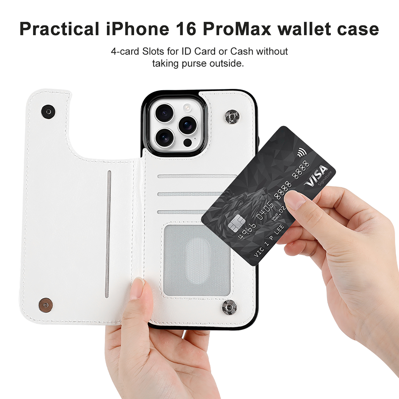 iPhone 16 Pro Max wallet case, card slot design, white TPU leather cover