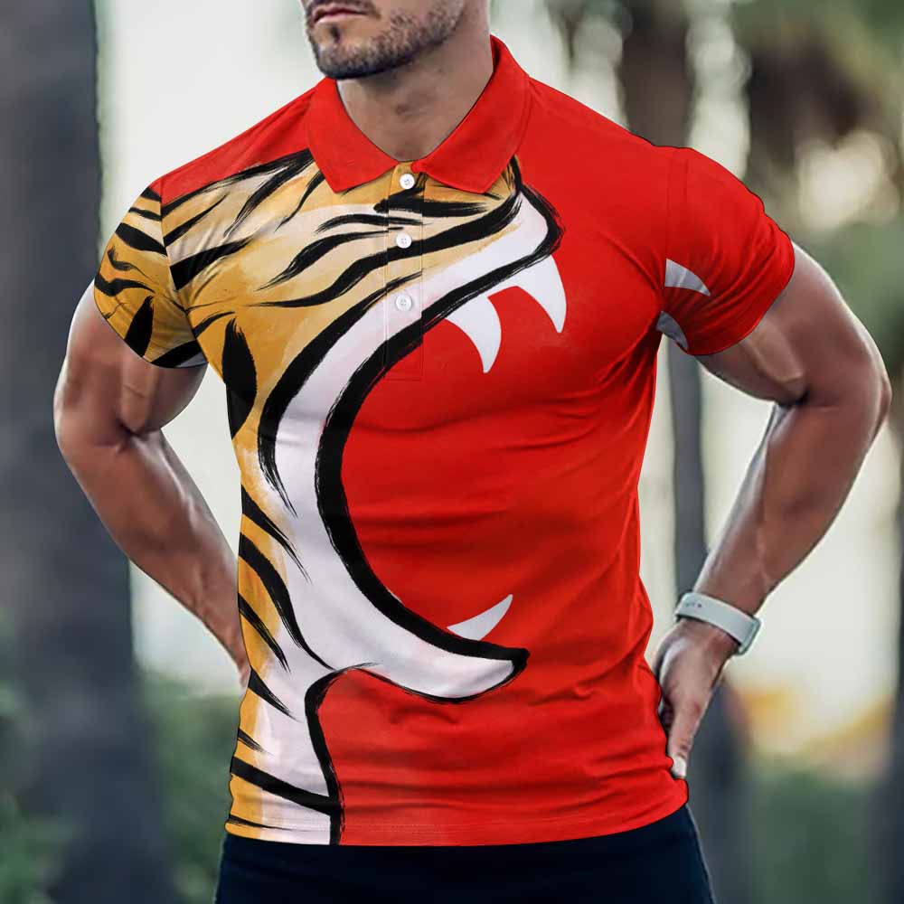 European Sode POLO Shirt with Tiger Print - Red and Yellow, showing the design