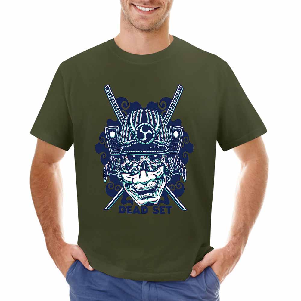 Dark green cotton men's T-shirt with blue samurai skull design, perfect for leisure and events.