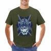 Dark green cotton men's T-shirt with blue samurai skull design, perfect for leisure and events.