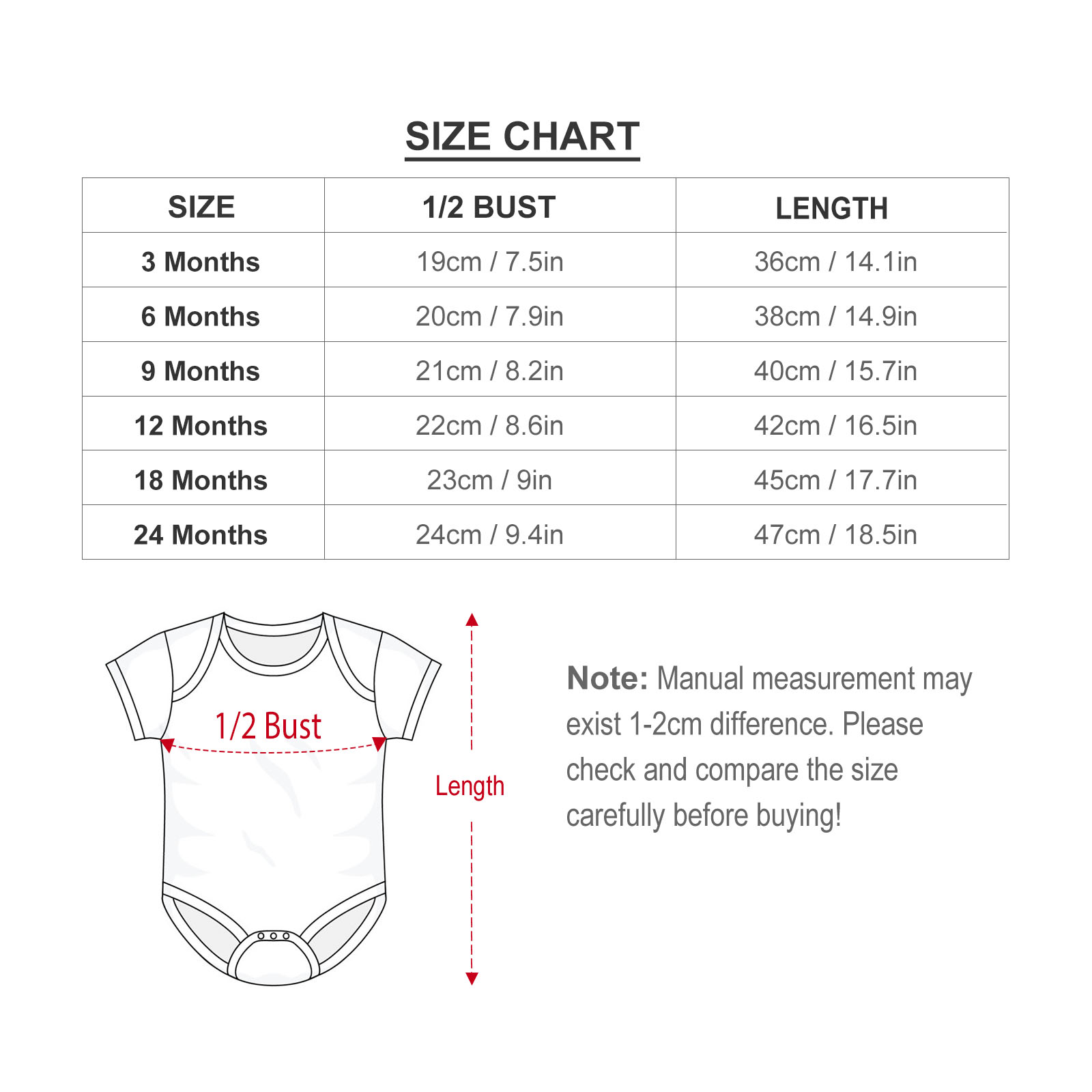 Baby bodysuit size chart with measurements in inches and centimeters. Includes bust and length dimensions for 3-24 months.