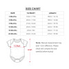 Baby bodysuit size chart with measurements in inches and centimeters. Includes bust and length dimensions for 3-24 months.