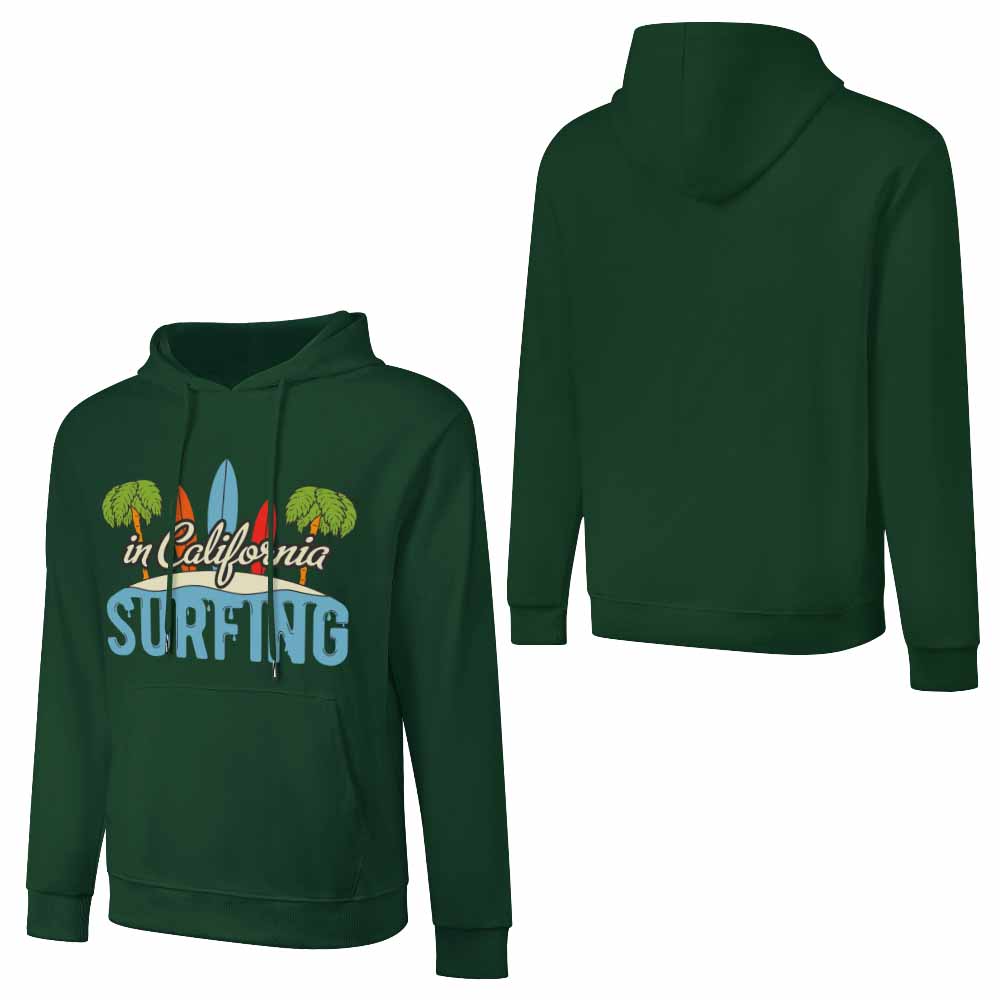 Green California Surfing hoodie, 100% cotton, loose fit, for daily wear.