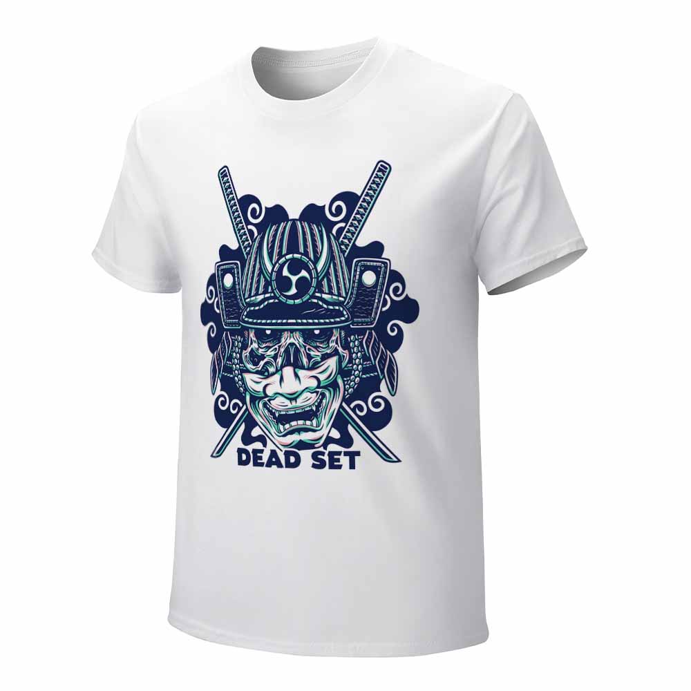 White cotton men's T-shirt with blue samurai skull design and "DEAD SET" text, perfect for leisure