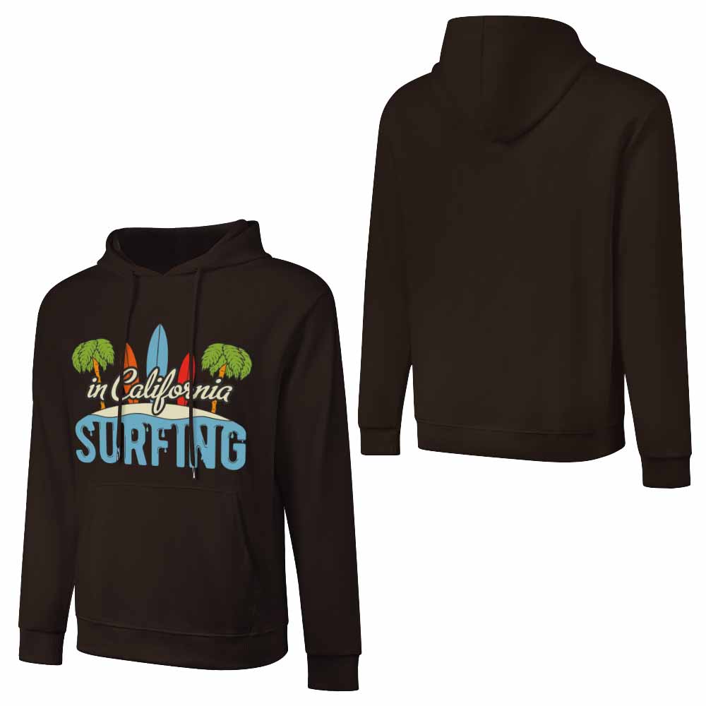 Brown cotton hoodie with "SURFING" graphic, loose fit, suitable for daily wear, available in multiple colors.