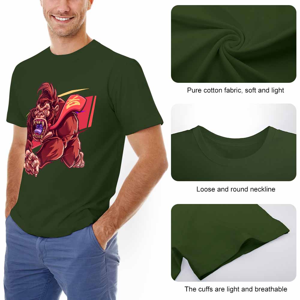 Men's dark green cotton T-shirt with red monster graphic, Inkedjoy product, comfortable cotton.