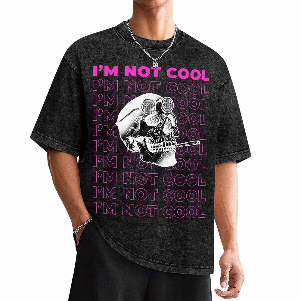 Hot vintage wash off shoulder short-sleeved T-shirt featuring skull graphic and 'I'm not cool' text, soft cotton fabric.