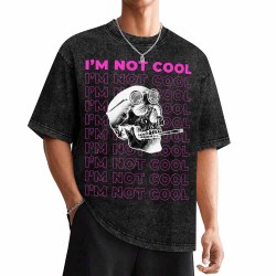 Hot vintage wash off shoulder short-sleeved T-shirt featuring skull graphic and 'I'm not cool' text, soft cotton fabric.