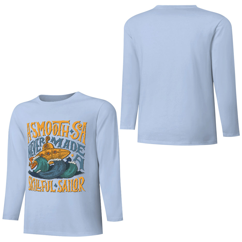Light blue pure cotton long sleeve T-shirt with graphic print for casual wear.