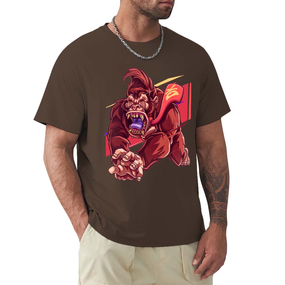 Men's brown cotton t-shirt with red monster graphic print, Inkedjoy 100% cotton crew neck.
