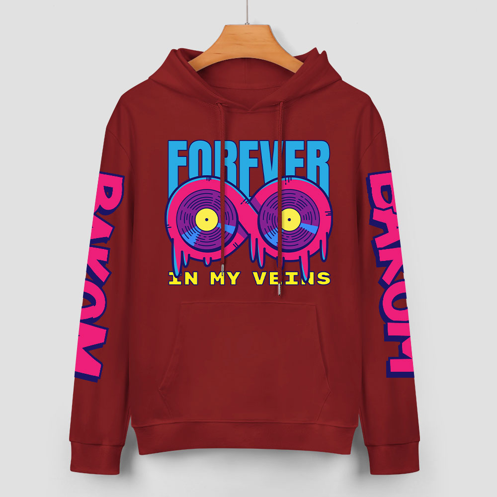 Red cotton hoodie with 'FOREVER 99' donut graphic, and sleeve prints, fashion style.
