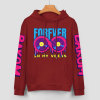 Red cotton hoodie with 'FOREVER 99' donut graphic, and sleeve prints, fashion style.