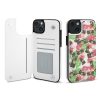 iPhone 15 phone case with card slot, TPU leather material, white and floral design, full protection
