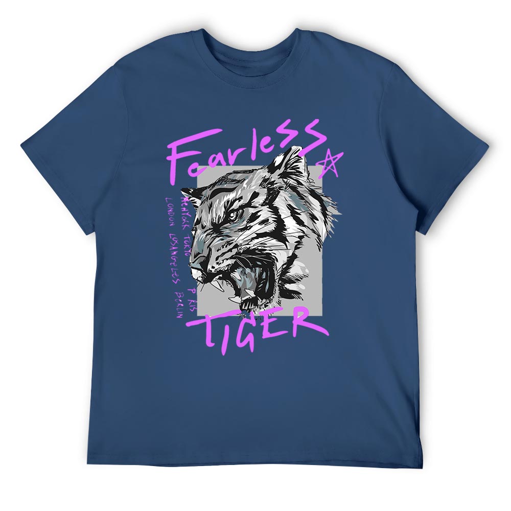 Men's blue cotton Fearless Tiger graphic T-shirt, collection.