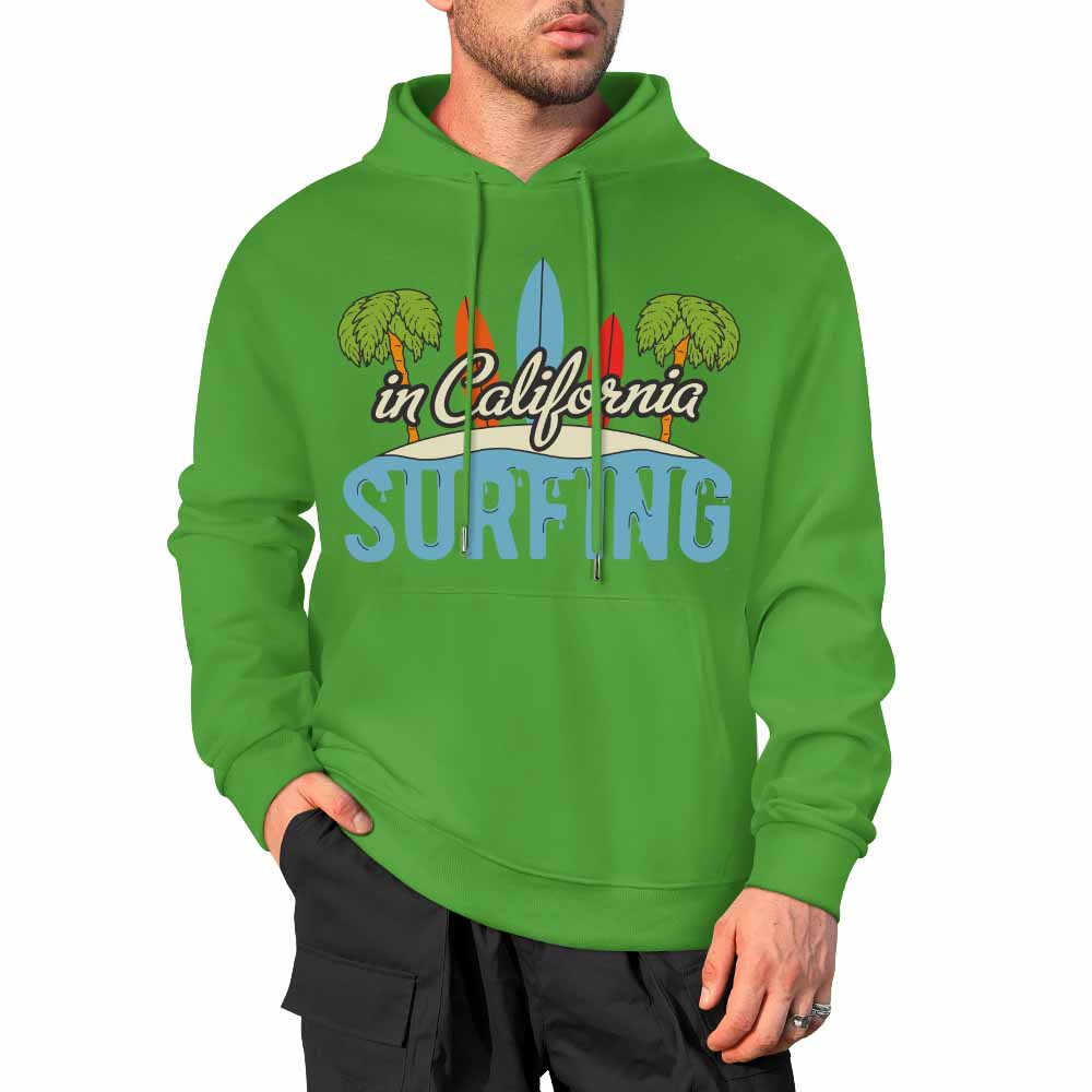 Green cotton hoodie with "CALIFORNIA SURFING" graphic, loose fit design, suitable for daily wear.