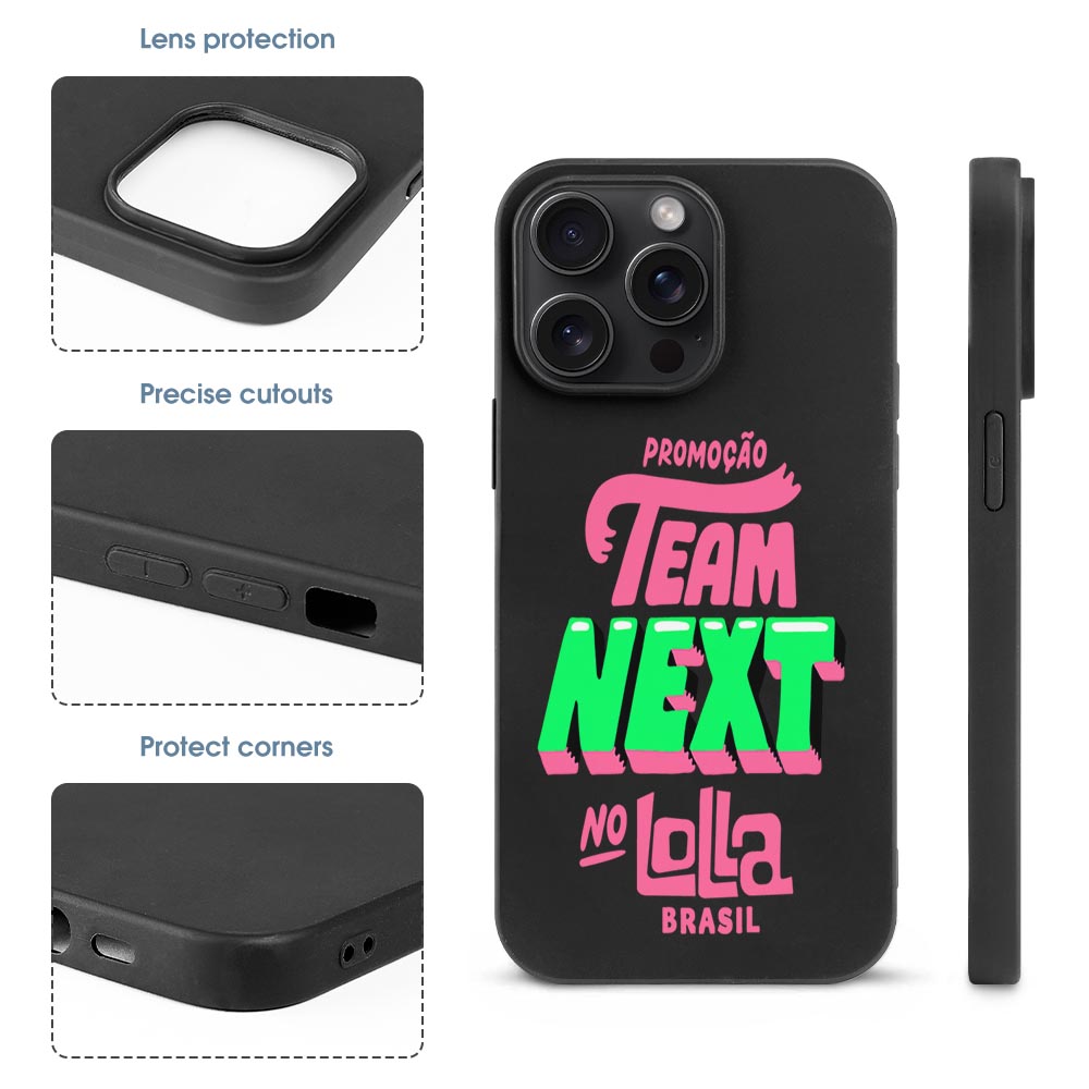 iPhone 15 series black TPU case with 'TEAM NEXT @ Lolla' design, shockproof protection.