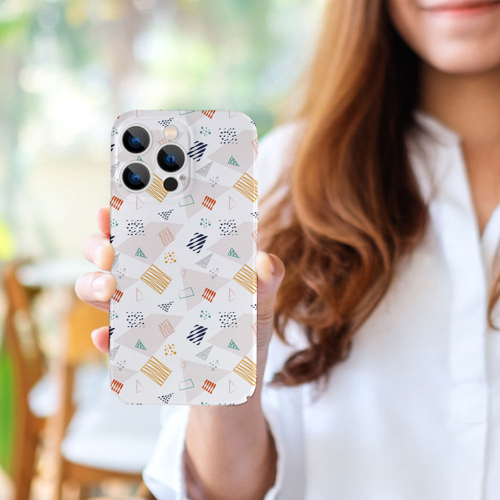 iPhone 13 case held by a woman, PC plastic with a colorful pattern, phone protection.