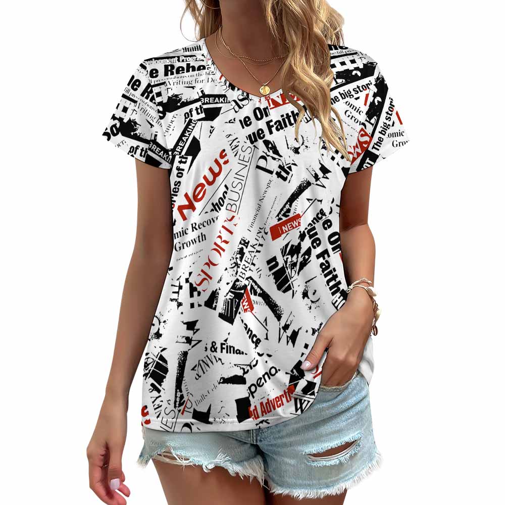 White V-neck short sleeve T-shirt with abstract pattern, perfect for summer wear, Inkedjoy