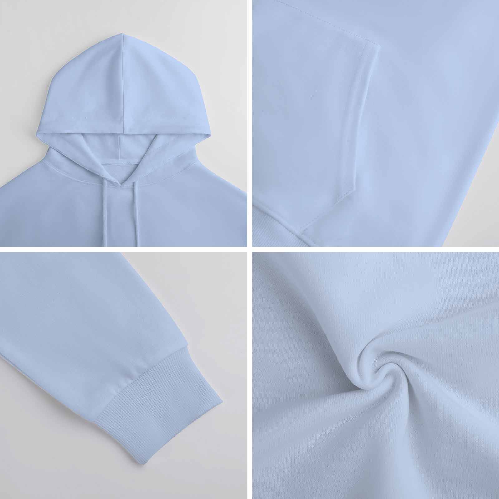 Light blue cotton hooded sweater fabric detail, soft texture and comfortable design.