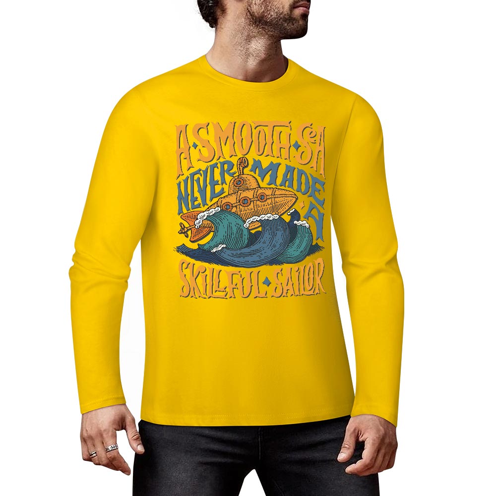 Yellow pure cotton long sleeve T-shirt with graphic design for casual wear.