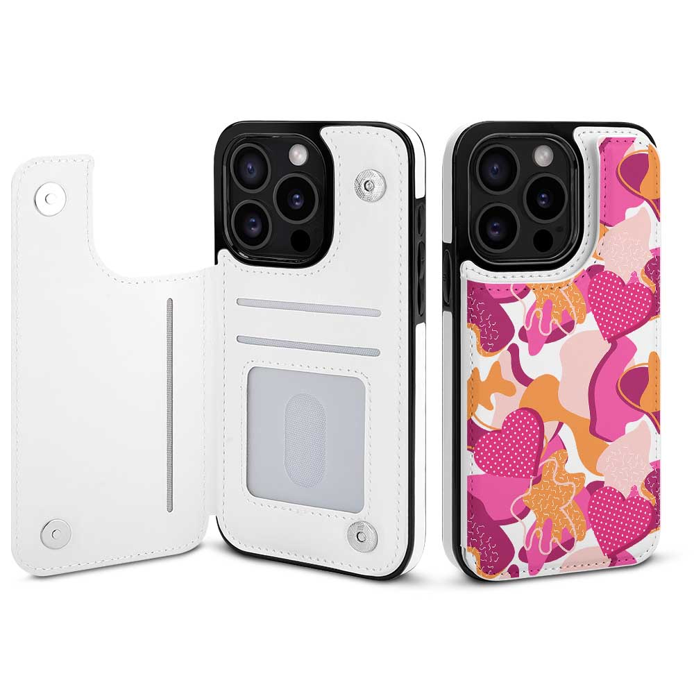 iPhone 15 case with card slot, white TPU leather with heart pattern, full protection.