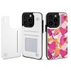 iPhone 15 case with card slot, white TPU leather with heart pattern, full protection.