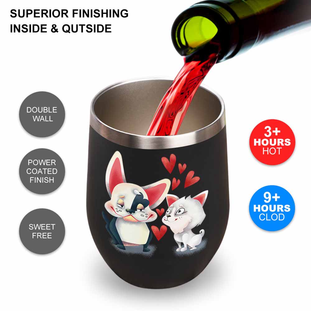 Black stainless steel insulated cup with cartoon cat and dog design, hearts, and wine, spill-proof lid, Inkedjoy