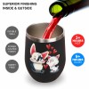 Black stainless steel insulated cup with cartoon cat and dog design, hearts, and wine, spill-proof lid, Inkedjoy