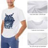 White cotton men's T-shirt with blue samurai skull design, soft fabric, and breathable. Pure cotton for leisure.