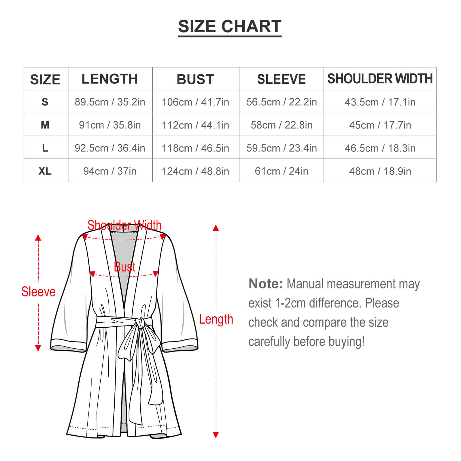 Ladies Long Sleeve Belted Robe Size Chart - Detailed measurements and sizing information for comfortable home wear.