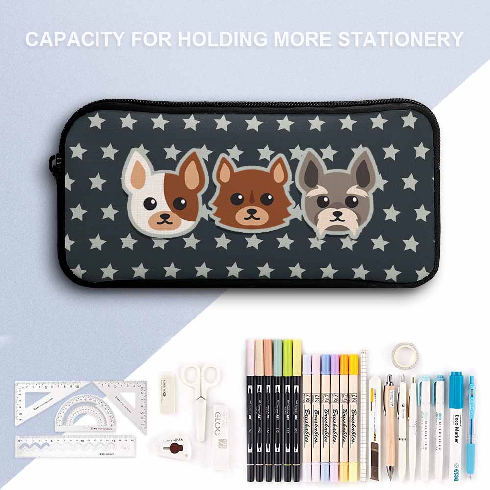 Dog pattern pencil case, storage for school supplies. Includes pens, markers, and a ruler.