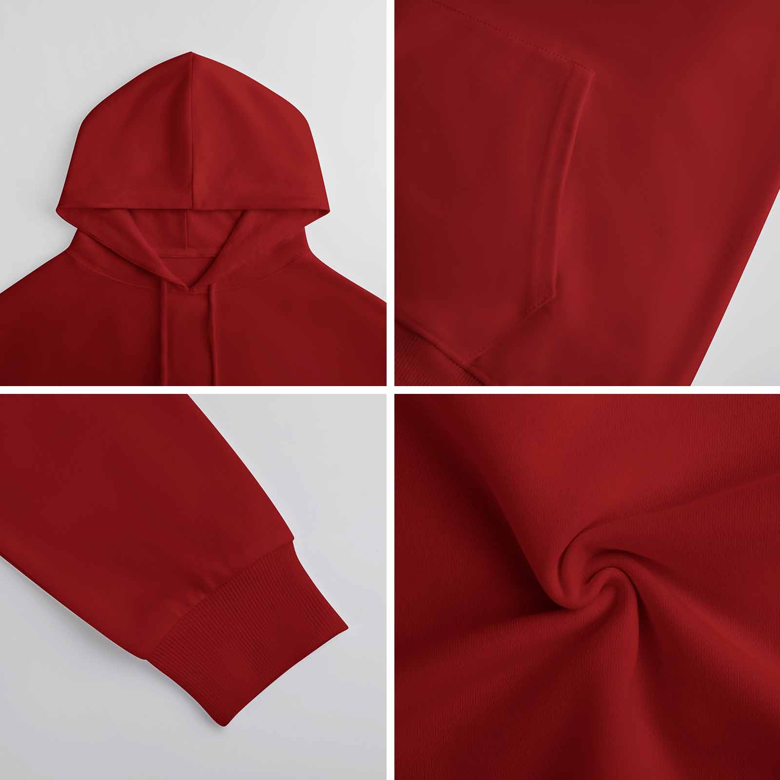Red cotton hooded sweater detail, showcasing fabric texture, seams, and comfortable design for youth fashion.