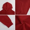Red cotton hooded sweater detail, showcasing fabric texture, seams, and comfortable design for youth fashion.
