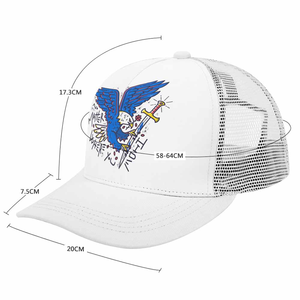 White baseball cap with blue bird and sword graphic, mesh back, curved brim, Inkedjoy. Detailed dimensions.