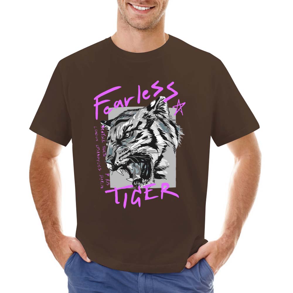 Brown cotton men's Fearless Tiger graphic tee,  collection, with front and back print, pure cotton comfort.