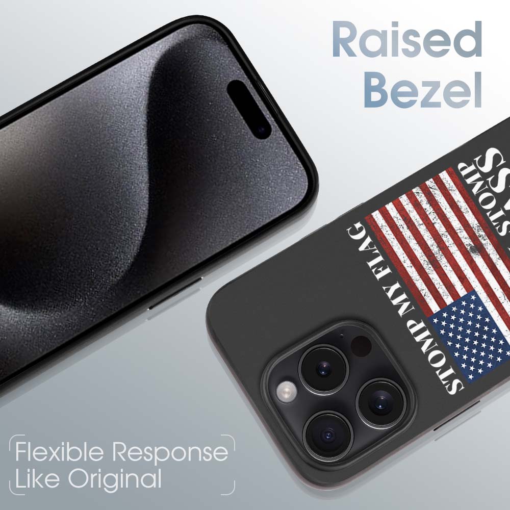 iPhone 15 Pro case with American flag design, black TPU, raised bezel, "STOMP MY FLAG" text, shockproof