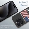 iPhone 15 Pro case with American flag design, black TPU, raised bezel, "STOMP MY FLAG" text, shockproof