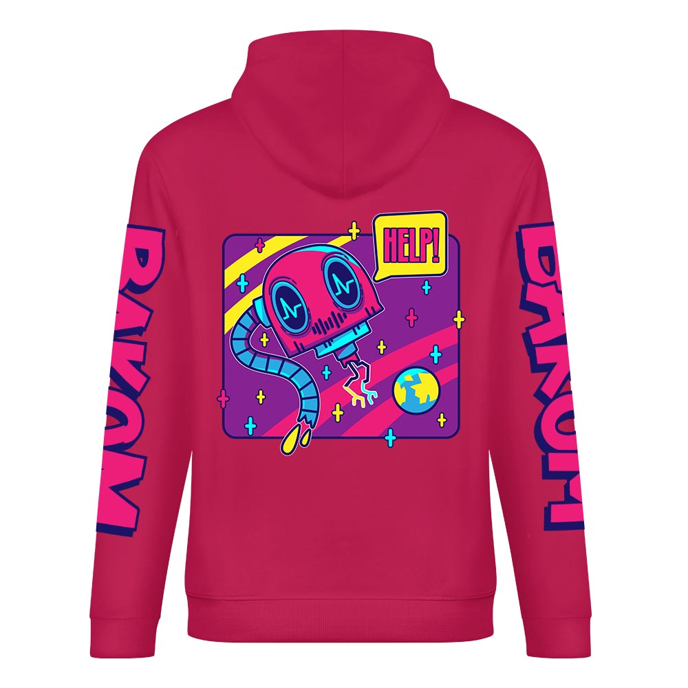 Red cotton hoodie with 'DAKUM' and space graphic, youth fashion style