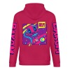 Red cotton hoodie with 'DAKUM' and space graphic, youth fashion style
